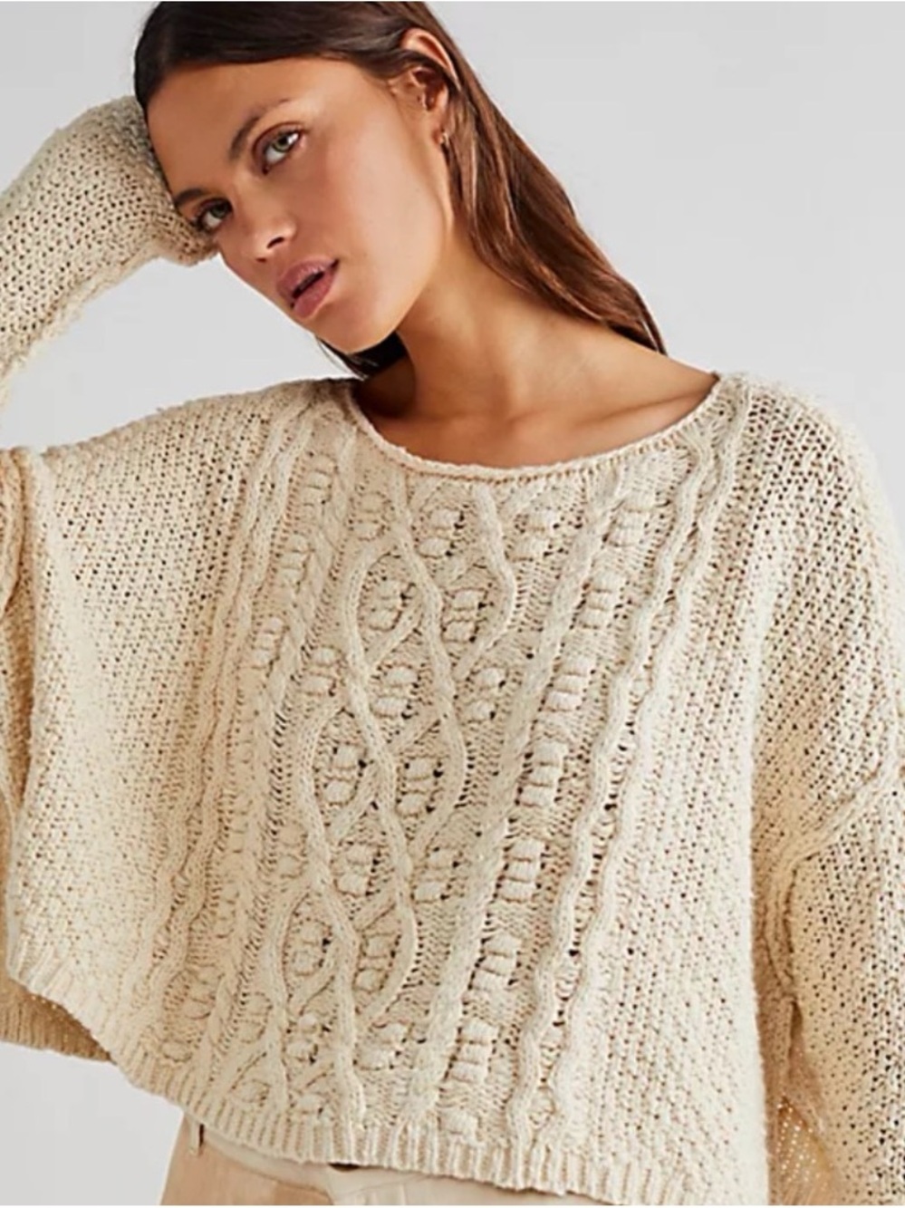 Free People Changing Tides Cream Cable Knit Cropped Slouchy Sweater S Boho Boxy